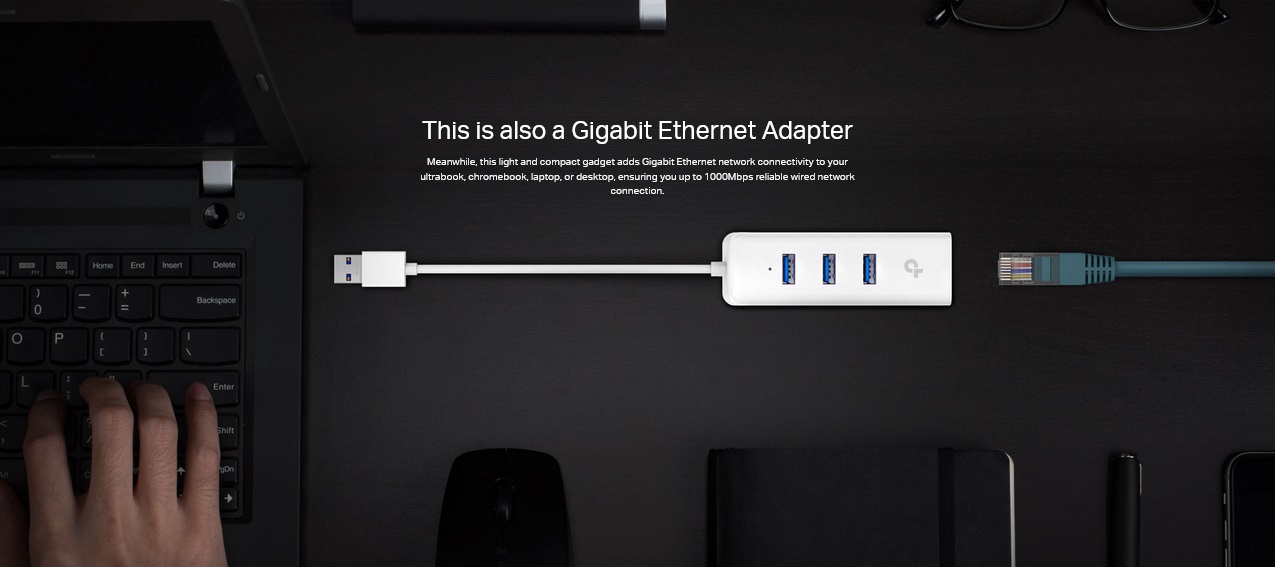 هاب USB 3.0 سه پورت و کارت شبکه تی پی لینک مدل UE330